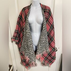 Juicy Couture Women's Reversible Plaid to Leopard Poncho Fringe Shawl - One Size